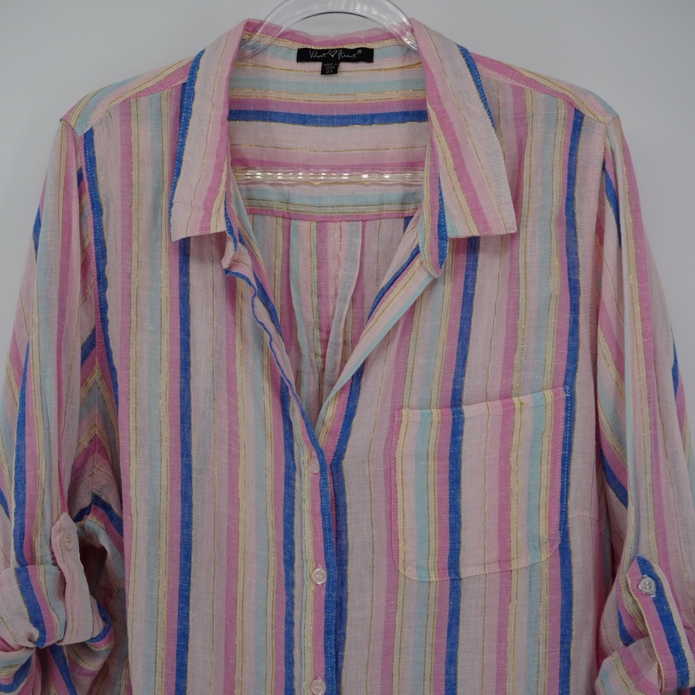 Velvet heart women's 3X long sleeve Pink Gold Metallic striped button Top‎ Linen